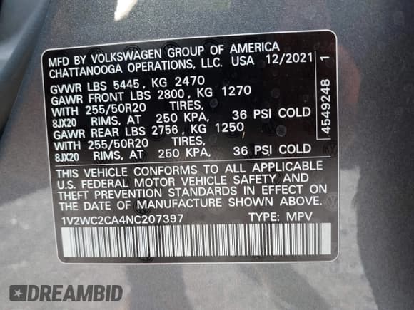 ✅ 2022 Volkswagen Atlas SE • VIN: 1V2WC2CA4NC207397 • Lot: 43461502. Listed on IAAI with 45,021 mi. Free auction sales archive from the USA and detailed vehicle history report at DreamBid. Image 9.