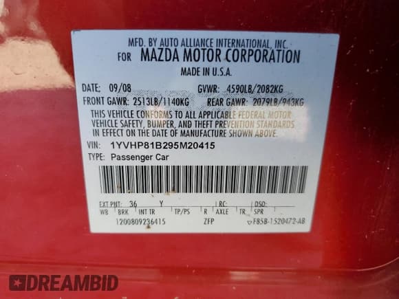 ✅ 2009 Mazda 6 S Sport • VIN: 1YVHP81B295M20415 • Lot: 70862654. Listed on Copart with 96,024 mi. Free auction sales archive from the USA and detailed vehicle history report at DreamBid. Image 12.