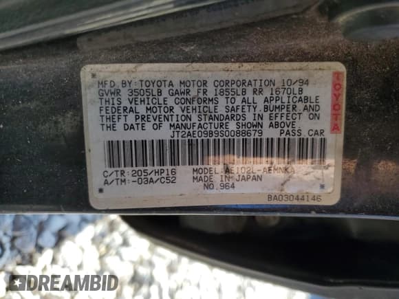 ✅ 1995 Toyota Corolla DX • VIN: JT2AE09B9S0088679 • Лот: 62482484. Опубликован ранее на Copart с пробегом 423 361 миль. Бесплатный доступ к архиву аукционных продаж из США и подробный отчёт об истории автомобиля на DreamBid. Изображение 13.