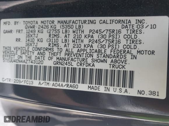 ✅ 2010 Toyota Tacoma • VIN: 5TEUU4EN4AZ743120 • Lot: 42342340. Listed on IAAI with 121,546 mi. Free auction sales archive from the USA and detailed vehicle history report at DreamBid. Image 9.