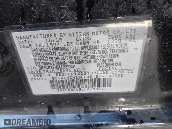 ✅ 2020 Nissan Versa SR • VIN: 3N1CN8FV5LL829351 • Лот: 43191577. Опубликован ранее на IAAI с пробегом 45 794 миль. Бесплатный доступ к архиву аукционных продаж из США и подробный отчёт об истории автомобиля на DreamBid. Изображение 9.