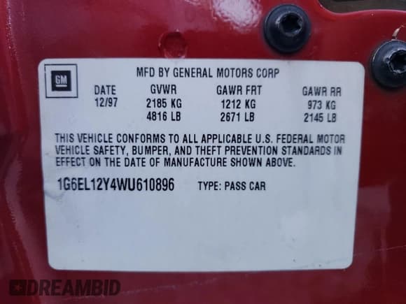 ✅ 1998 Cadillac Eldorado • VIN: 1G6EL12Y4WU610896 • Lot: 74662244. Listed on Copart with Not provided. Free auction sales archive from the USA and detailed vehicle history report at DreamBid. Image 12.