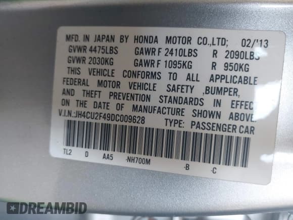 ✅ 2013 Acura TSX • VIN: JH4CU2F49DC009628 • Lot: 42578173. Listed on IAAI with 140,893 mi. Free auction sales archive from the USA and detailed vehicle history report at DreamBid. Image 9.