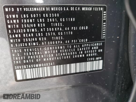 ✅ 2021 Volkswagen Tiguan SE • VIN: 3VV2B7AX0MM049341 • Lot: 93819025. Wystawiony na Copart z przebiegiem 45 423 mil. Bezpłatny archiwum sprzedaży aukcyjnych z USA i szczegółowy raport historii pojazdu na DreamBid. Zdjęcie 13.