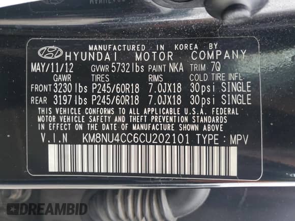 2012 Hyundai Veracruz Limited с VIN KM8NU4CC6CU202101, выставлен на аукционе Copart как лот 44134145 с пробегом 142 408 миль миль и Списание • Salvage title. История ставок и продаж доступна на DreamBid. Изображение 15.