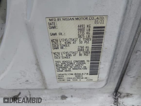 ✅ 2021 Nissan NV Cargo SV • VIN: 1N6AF0LY2MN806478 • Lot: 42986231. Listed on IAAI with 109,155 mi. Free auction sales archive from the USA and detailed vehicle history report at DreamBid. Image 9.