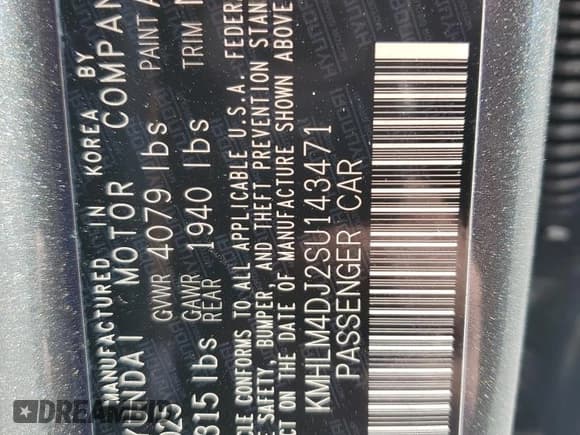 ✅ 2025 Hyundai Elantra Blue • VIN: KMHLM4DJ2SU143471 • Lot: 87416255. Listed on Copart with 1,297 mi. Free auction sales archive from the USA and detailed vehicle history report at DreamBid. Image 12.