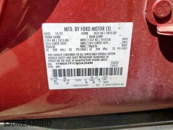 2022 Ford Explorer Limited with VIN 1FMSK7FH7NGA30499, listed as a Copart auction lot 67663755 with 93,518 mi miles and Clean title. Bid and sale history available at DreamBid. Image 13.