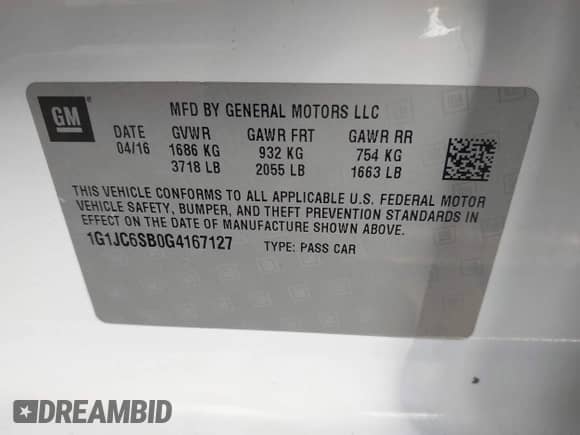 2016 Chevrolet Sonic LT с VIN 1G1JC6SB0G4167127, выставлен на аукционе IAAI как лот 42746825 с пробегом 55 198 миль миль и . История ставок и продаж доступна на DreamBid. Изображение 9.