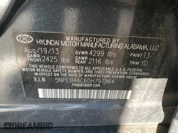 ✅ 2013 Hyundai Sonata GLS • VIN: 5NPEB4AC6DH797864 • Lot: 42448314. Listed on Copart with 188,208 mi. Free auction sales archive from the USA and detailed vehicle history report at DreamBid. Image 12.