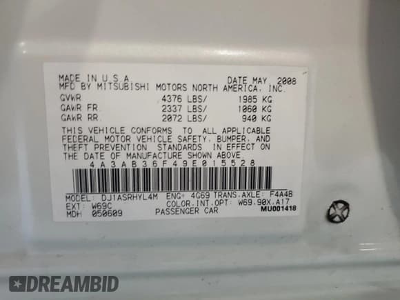 ✅ 2009 Mitsubishi Galant ES • VIN: 4A3AB36F49E015528 • Lot: 83801295. Listed on Copart with 207,567 mi. Free auction sales archive from the USA and detailed vehicle history report at DreamBid. Image 12.