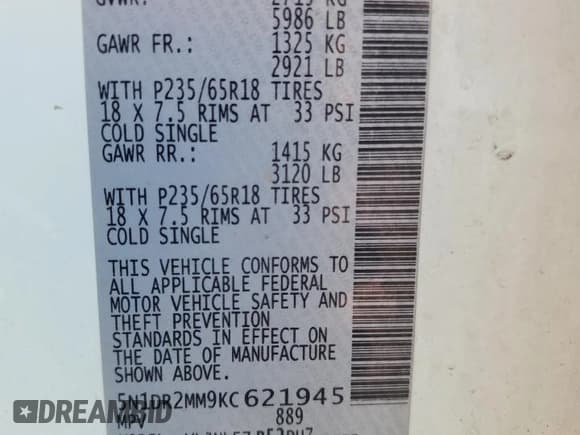 ✅ 2019 Nissan Pathfinder S • VIN: 5N1DR2MM9KC621945 • Лот: 62856675. Опубликован ранее на Copart с пробегом 121 245 миль. Бесплатный доступ к архиву аукционных продаж из США и подробный отчёт об истории автомобиля на DreamBid. Изображение 13.