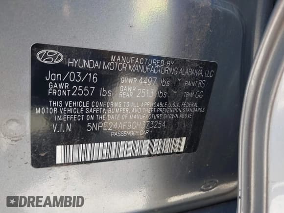 ✅ 2016 Hyundai Sonata SE • VIN: 5NPE24AF9GH373254 • Lot: 39455195. Listed on IAAI with 106,224 mi. Free auction sales archive from the USA and detailed vehicle history report at DreamBid. Image 9.