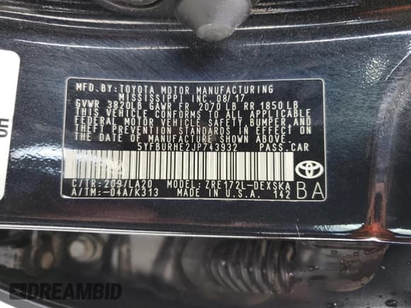 ✅ 2018 Toyota Corolla SE • VIN: 5YFBURHE2JP743932 • Lot: 86126085. Listed on Copart with 135,156 mi. Free auction sales archive from the USA and detailed vehicle history report at DreamBid. Image 13.