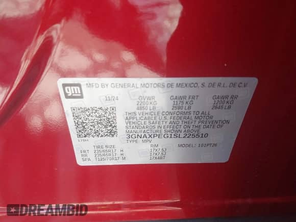 2025 Chevrolet Equinox AWD LT с VIN 3GNAXPEG1SL225510, выставлен на аукционе IAAI как лот 42154591 с пробегом 1 050 миль миль и . История ставок и продаж доступна на DreamBid. Изображение 9.