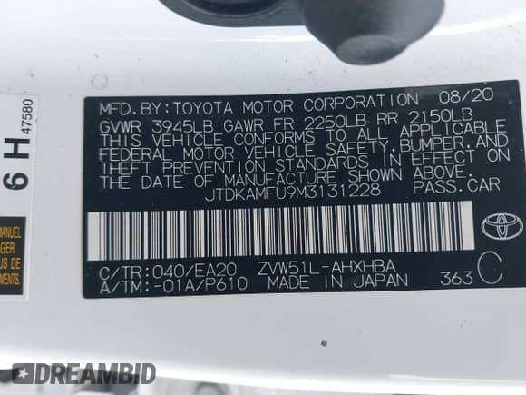 2021 Toyota Prius L Eco with VIN JTDKAMFU9M3131228, listed as a IAAI auction lot 41257117 with 72,840 mi miles and . Bid and sale history available at DreamBid. Image 9.