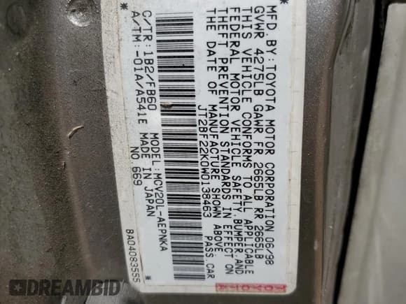 ✅ 1998 Toyota Camry LE • VIN: JT2BF22K0W0138463 • Lot: 86615735. Listed on Copart with 303,975 mi. Free auction sales archive from the USA and detailed vehicle history report at DreamBid. Image 12.