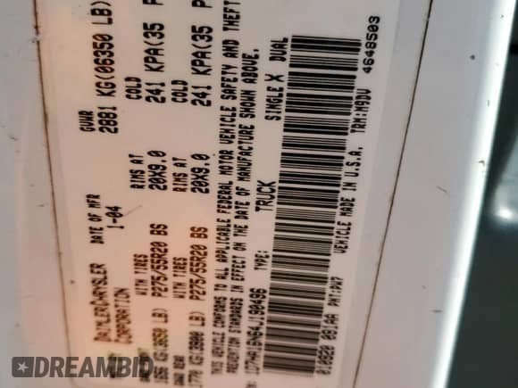 2004 Dodge 1500 ST с VIN 1D7HA16N64J190496, выставлен на аукционе Copart как лот 75993324 с пробегом 287 763 миль миль и Списание • Salvage title. История ставок и продаж доступна на DreamBid. Изображение 12.