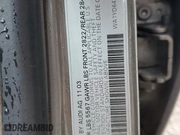 ✅ 2004 Audi allroad A6 V8 • VIN: WA1YD64B54N054631 • Lot: 57713515. Listed on Copart with 161,895 mi. Free auction sales archive from the USA and detailed vehicle history report at DreamBid. Image 13.