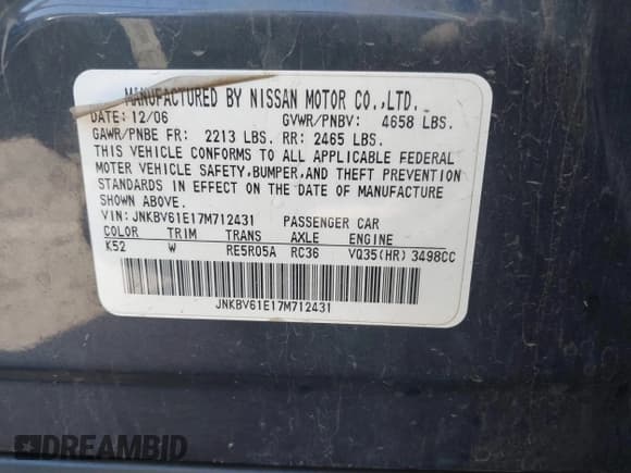 ✅ 2007 Infiniti G35 Sport • VIN: JNKBV61E17M712431 • Lot: 41510419. Listed on IAAI with 225,084 mi. Free auction sales archive from the USA and detailed vehicle history report at DreamBid. Image 9.