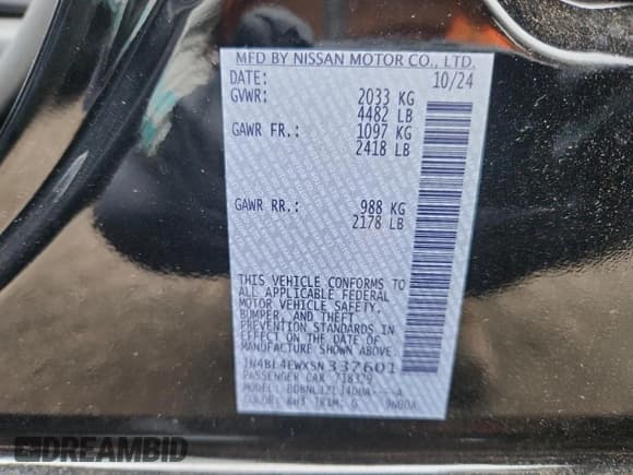 ✅ 2025 Nissan Altima SL • VIN: 1N4BL4EWXSN337601 • Lot: 64662265. Listed on Copart with 3,478 mi. Free auction sales archive from the USA and detailed vehicle history report at DreamBid. Image 12.