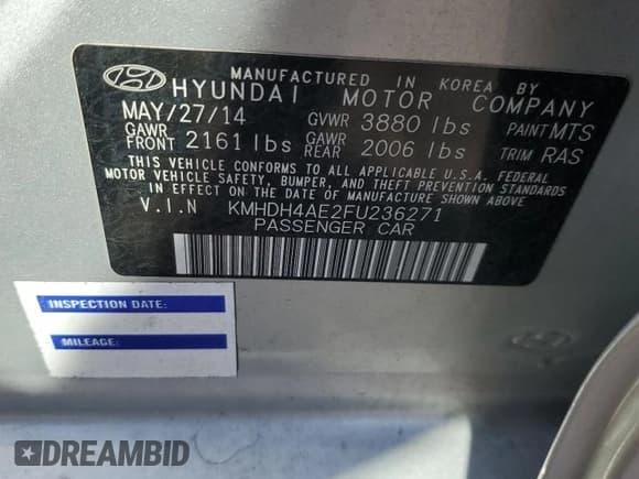 ✅ 2015 Hyundai Elantra Limited • VIN: KMHDH4AE2FU236271 • Lot: 70825675. Listed on Copart with Not provided. Free auction sales archive from the USA and detailed vehicle history report at DreamBid. Image 12.