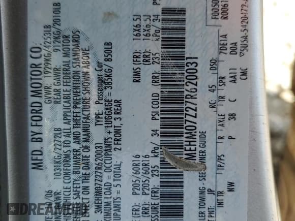 ✅ 2007 Mercury Milan • VIN: 3MEHM07Z27R620031 • Lot: 56409715. Listed on Copart with 197,418 mi. Free auction sales archive from the USA and detailed vehicle history report at DreamBid. Image 13.