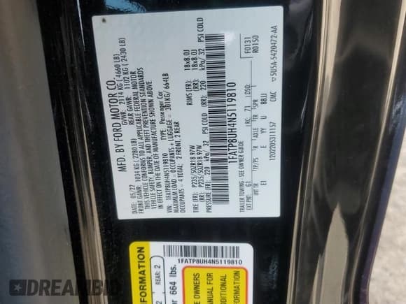 ✅ 2022 Ford Mustang EcoBoost • VIN: 1FATP8UH4N5119810 • Lot: 70288465. Listed on Copart with 43,763 mi. Free auction sales archive from the USA and detailed vehicle history report at DreamBid. Image 12.