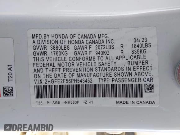 ✅ 2023 Honda Civic Sport • VIN: 2HGFE2F56PH543452 • Lot: 43480288. Wystawiony na IAAI z przebiegiem 36 984 mil. Bezpłatny archiwum sprzedaży aukcyjnych z USA i szczegółowy raport historii pojazdu na DreamBid. Zdjęcie 9.