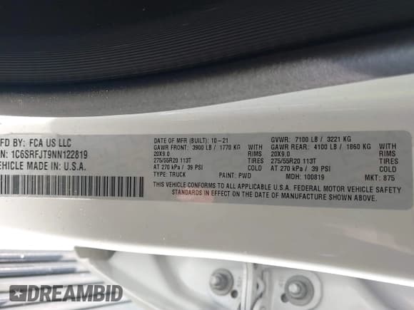 ✅ 2022 Ram 1500 Laramie • VIN: 1C6SRFJT9NN122819 • Lot: 43256952. Wystawiony na IAAI z przebiegiem 52 783 mil. Bezpłatny archiwum sprzedaży aukcyjnych z USA i szczegółowy raport historii pojazdu na DreamBid. Zdjęcie 9.