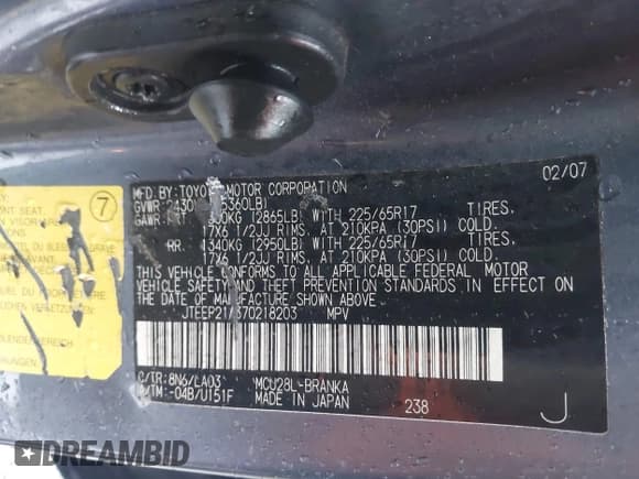 ✅ 2007 Toyota Highlander w/3rd Row • VIN: JTEEP21A370218203 • Lot: 42369104. Wystawiony na IAAI z przebiegiem 215 791 mil. Bezpłatny archiwum sprzedaży aukcyjnych z USA i szczegółowy raport historii pojazdu na DreamBid. Zdjęcie 9.