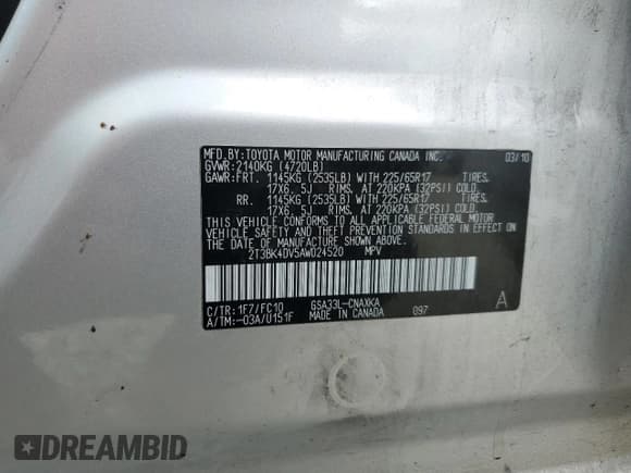 ✅ 2010 Toyota RAV4 • VIN: 2T3BK4DV5AW024520 • Lot: 86865715. Listed on Copart with 146,200 mi. Free auction sales archive from the USA and detailed vehicle history report at DreamBid. Image 13.