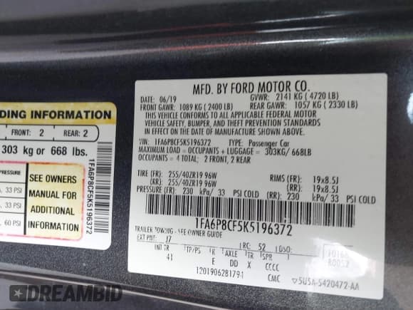 ✅ 2019 Ford Mustang GT • VIN: 1FA6P8CF5K5196372 • Lot: 43047774. Listed on IAAI with Not provided. Free auction sales archive from the USA and detailed vehicle history report at DreamBid. Image 9.