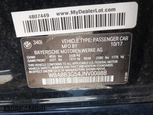 ✅ 2018 BMW 3 Series 340i • VIN: WBA8B3G54JNV00888 • Lot: 42062044. Listed on IAAI with 64,412 mi. Free auction sales archive from the USA and detailed vehicle history report at DreamBid. Image 9.