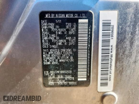 ✅ 2011 Infiniti QX56 7-passenger • VIN: JN8AZ2NF5B9502539 • Lot: 90587955. Listed on Copart with 171,626 mi. Free auction sales archive from the USA and detailed vehicle history report at DreamBid. Image 13.