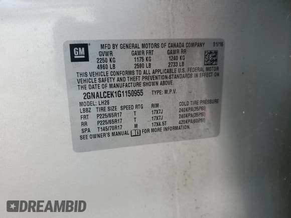 ✅ 2016 Chevrolet Equinox LT • VIN: 2GNALCEK1G1150955 • Lot: 91297965. Listed on Copart with 166,932 mi. Free auction sales archive from the USA and detailed vehicle history report at DreamBid. Image 13.