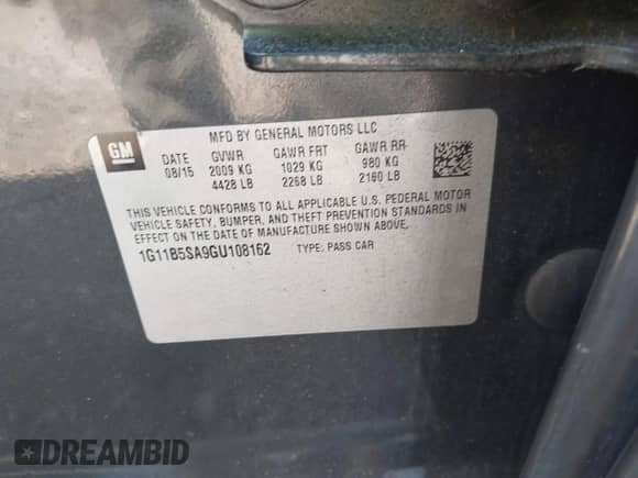 2016 Chevrolet Malibu LS z VIN 1G11B5SA9GU108162, wystawiony jako IAAI lot #43389812 z przebiegiem Nie podano mil oraz . Historia ofert i sprzedaży dostępna na DreamBid. Obrazek 9.