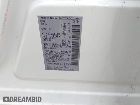 ✅ 2015 Nissan Pathfinder Platinum • VIN: 5N1AR2MM0FC601933 • Lot: 42167703. Listed on IAAI with 97,899 mi. Free auction sales archive from the USA and detailed vehicle history report at DreamBid. Image 9.