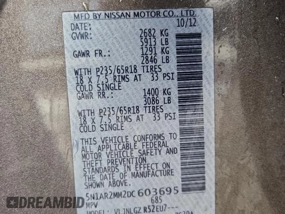 ✅ 2013 Nissan Pathfinder SV • VIN: 5N1AR2MM2DC603695 • Lot: 91732175. Listed on Copart with 171,685 mi. Free auction sales archive from the USA and detailed vehicle history report at DreamBid. Image 13.