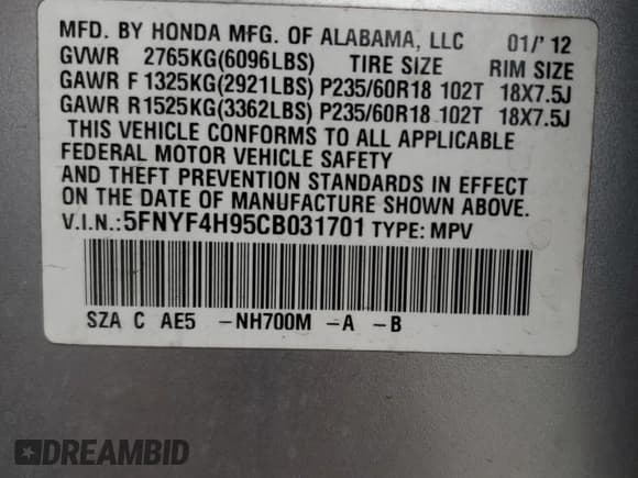 ✅ 2012 Honda Pilot Touring • VIN: 5FNYF4H95CB031701 • Лот: 90135545. Опубликован ранее на Copart с пробегом 162 979 миль. Бесплатный доступ к архиву аукционных продаж из США и подробный отчёт об истории автомобиля на DreamBid. Изображение 13.