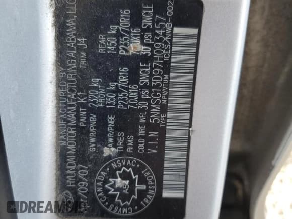 ✅ 2007 Hyundai Santa Fe GLS • VIN: 5NMSG13D97H093457 • Lot: 77963544. Listed on Copart with 338,387 mi. Free auction sales archive from the USA and detailed vehicle history report at DreamBid. Image 14.