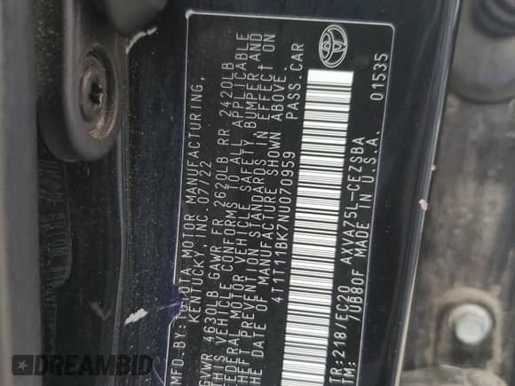 2022 Toyota Camry SE with VIN 4T1T11BK7NU070959, listed as a Copart auction lot 71006025 with 63,775 mi miles and Salvage title. Bid and sale history available at DreamBid. Image 13.