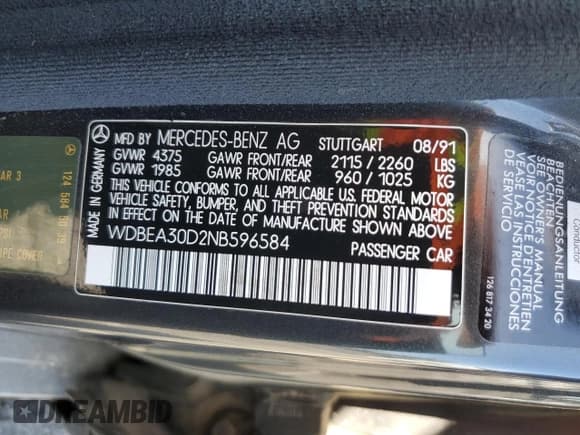 ✅ 1992 Mercedes-Benz 300 E • VIN: WDBEA30D2NB596584 • Лот: 61810125. Опубликован ранее на Copart с пробегом 134 906 миль. Бесплатный доступ к архиву аукционных продаж из США и подробный отчёт об истории автомобиля на DreamBid. Изображение 12.