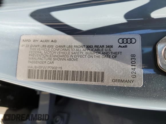 ✅ 2023 Audi RS e-tron GT • VIN: WAUBHBFW1P7902115 • Lot: 60994784. Listed on Copart with 10,305 mi. Free auction sales archive from the USA and detailed vehicle history report at DreamBid. Image 12.