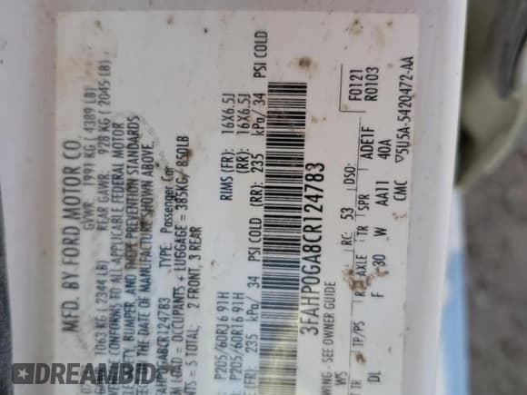 ✅ 2012 Ford Fusion S • VIN: 3FAHP0GA8CR124783 • Lot: 85698285. Wystawiony na Copart z przebiegiem 164 576 mil. Bezpłatny archiwum sprzedaży aukcyjnych z USA i szczegółowy raport historii pojazdu na DreamBid. Zdjęcie 12.