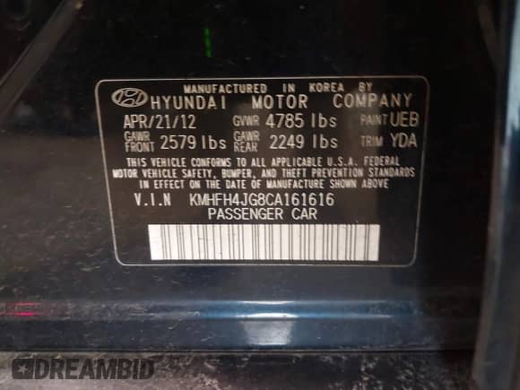 2012 Hyundai Azera с VIN KMHFH4JG8CA161616, выставлен на аукционе IAAI как лот 41664485 с пробегом 160 031 миль миль и . История ставок и продаж доступна на DreamBid. Изображение 9.