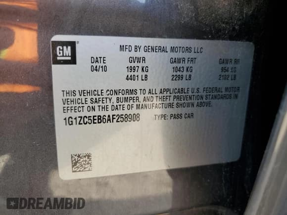 ✅ 2010 Chevrolet Malibu 1LT • VIN: 1G1ZC5EB6AF258908 • Lot: 64623004. Listed on Copart with 124,089 mi. Free auction sales archive from the USA and detailed vehicle history report at DreamBid. Image 12.