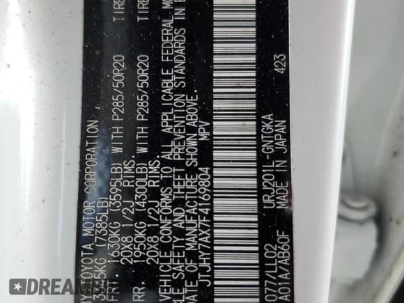 ✅ 2015 Lexus LX 570 • VIN: JTJHY7AX7F4169804 • Lot: 79885024. Listed on Copart with 55,392 mi. Free auction sales archive from the USA and detailed vehicle history report at DreamBid. Image 14.