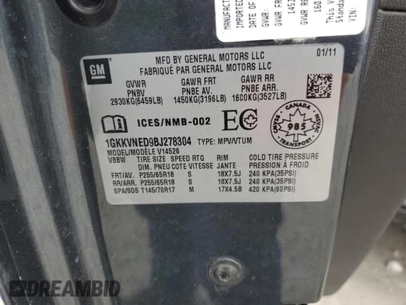 ✅ 2011 GMC Acadia SL • VIN: 1GKKVNED9BJ278304 • Лот: 45794535. Опубликован ранее на Copart с пробегом 208 232 миль. Бесплатный доступ к архиву аукционных продаж из США и подробный отчёт об истории автомобиля на DreamBid. Изображение 13.