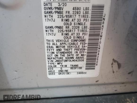 ✅ 2020 Nissan Rogue S • VIN: JN8AT2MT0LW042508 • Lot: 85268425. Listed on Copart with Not provided. Free auction sales archive from the USA and detailed vehicle history report at DreamBid. Image 12.